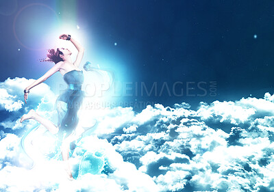 Buy stock photo Fantasy, digital illustration and woman in sky for creativity, abstract and peace with dance on blue background. Light, atmosphere and air space with graphic drawing for dream, surreal and calm