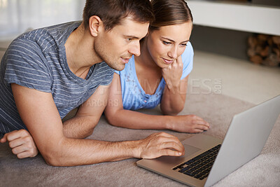 Buy stock photo Couple, woman and man browsing on laptop and relax with connectivity, girl and keyboard in lounge of home. Technology, internet and female person online for search of resort or hotel in computer