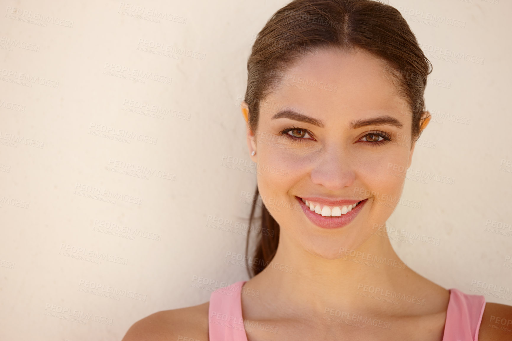 Buy stock photo Woman, smile and portrait by wall with relax for summer holiday, travel and vacation break on mockup space. Person, face and happy with confidence, pride and enjoyment by girl with natural beauty
