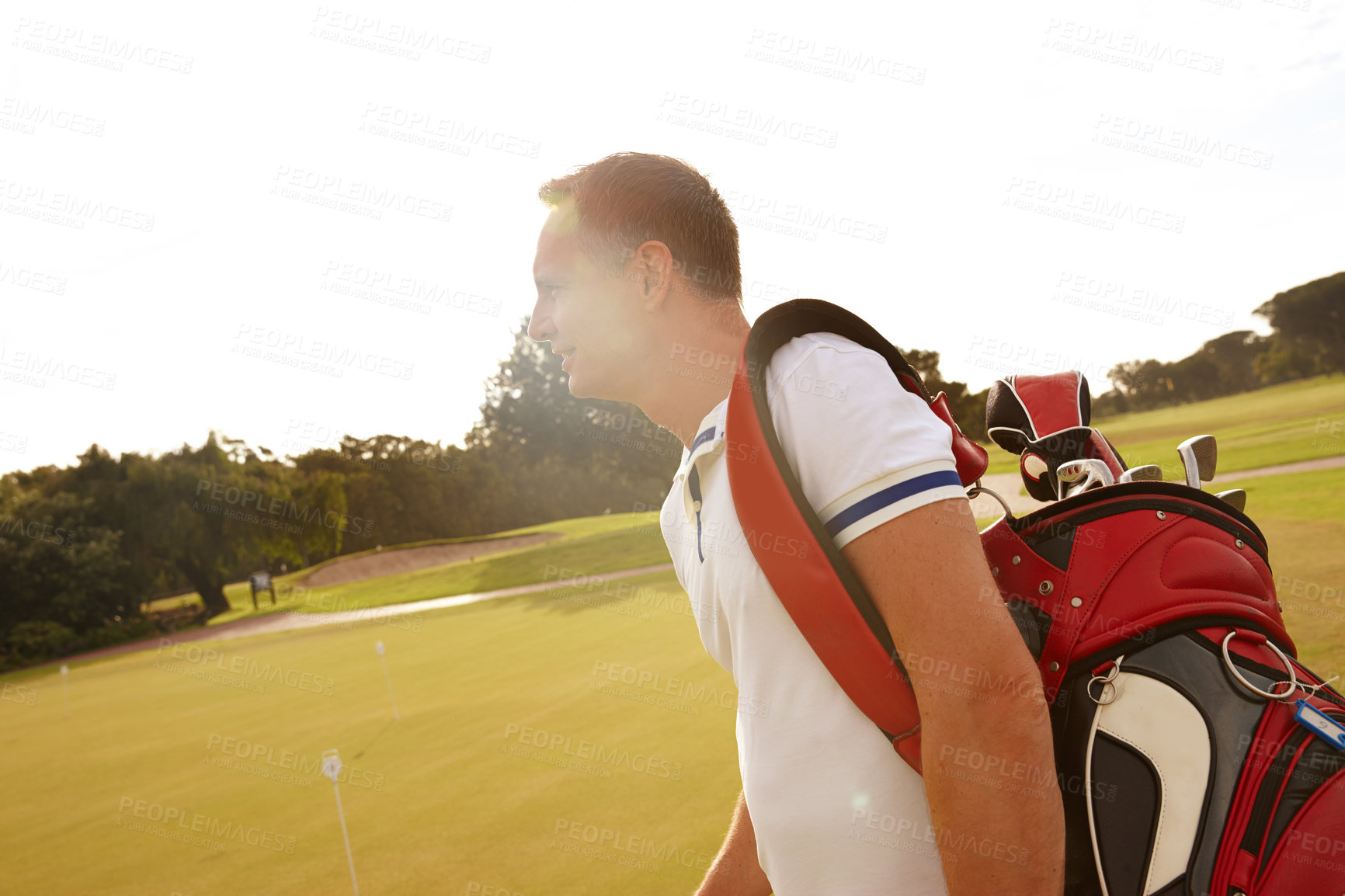 Buy stock photo Man, ready and golf course for professional sport and happy golfer for training with drivers on field. Athlete, sunshine and player with golfing equipment for game and outdoor for exercise in nature