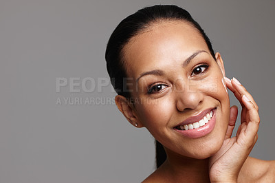 Buy stock photo Face, skin and happy woman with cream for beauty,  cosmetic product and dermatology isolated on white background. Healthy skincare in studio, glow with lotion or sunscreen for moisturizer in portrait