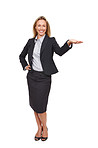 Business, portrait and happy woman with hand pointing in studio for news, mockup or announcement on white background. News, space and employer show sign up, we are hiring or recruitment newsletter