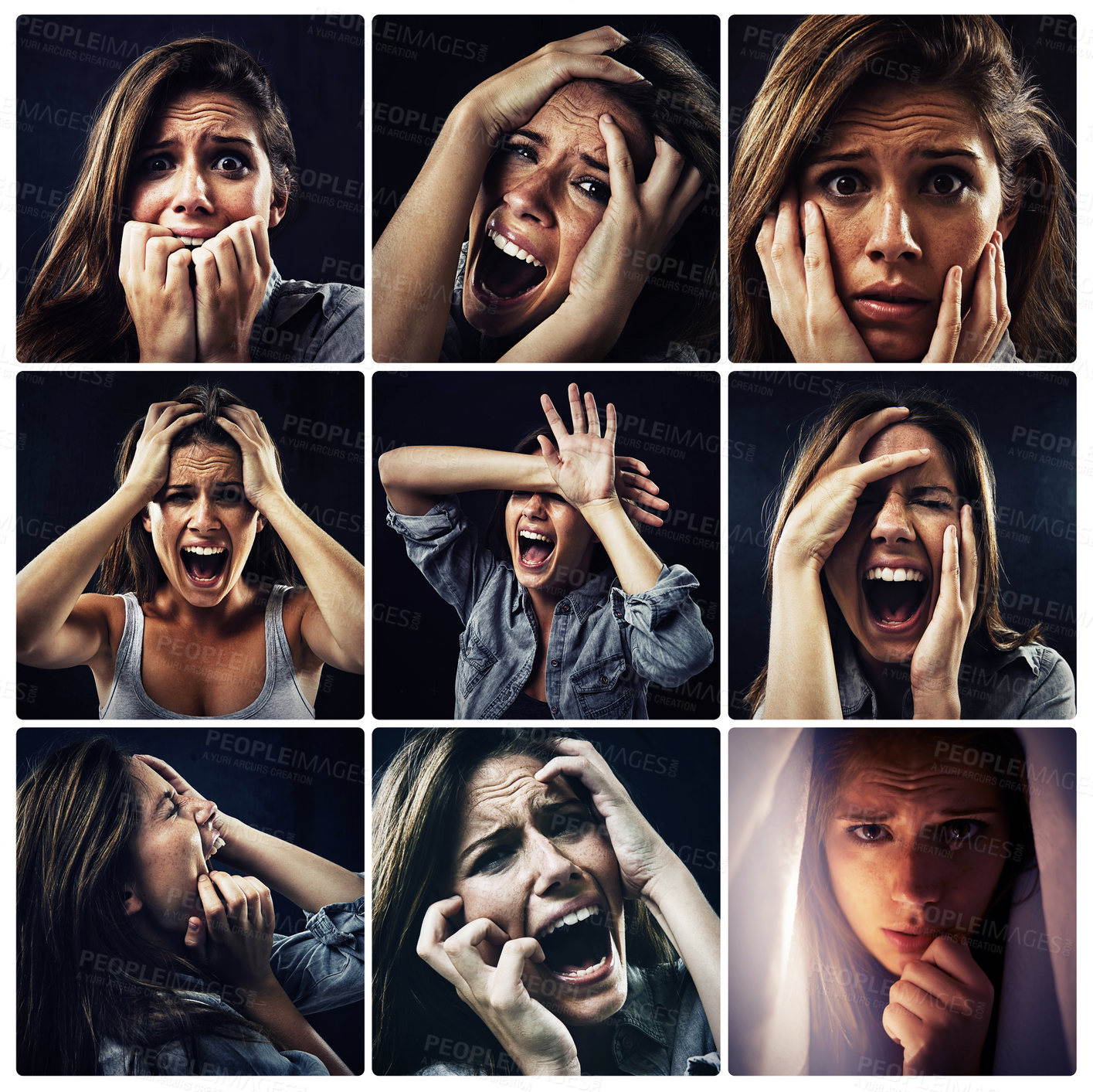 Buy stock photo Scared woman, screaming and hand on face in collage for fear, anxiety and mental health. Shouting, female people and stress with headache of horror or panic for psychology in composite image