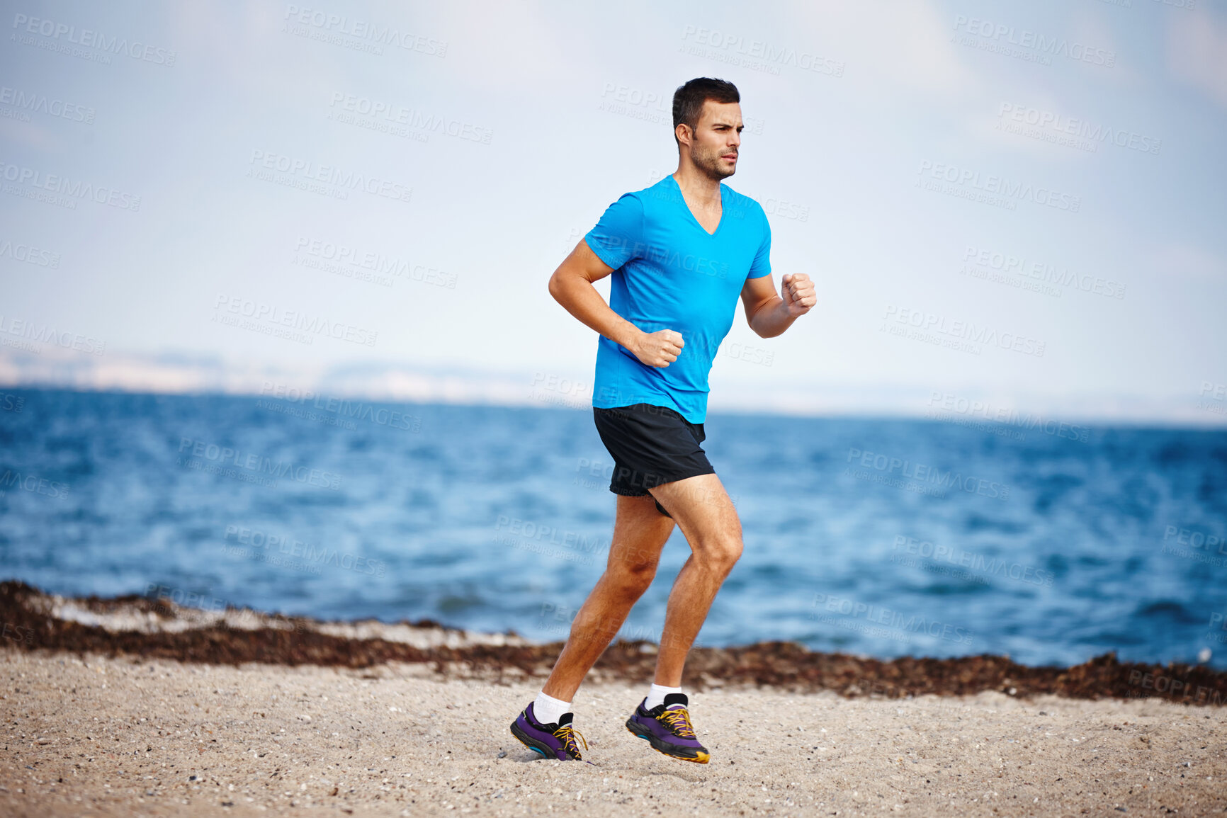 Buy stock photo Running, athlete and man, beach and energy for practice in , exercise and health in nature. Workout, runner and training for marathon, forest and performance of speed of male person and outdoor