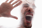 Man, plastic and bag with choking, anxiety and struggle for breath in white background. Male person, expression and suffocating in crisis for wellness, help and gasping in mental health or awareness