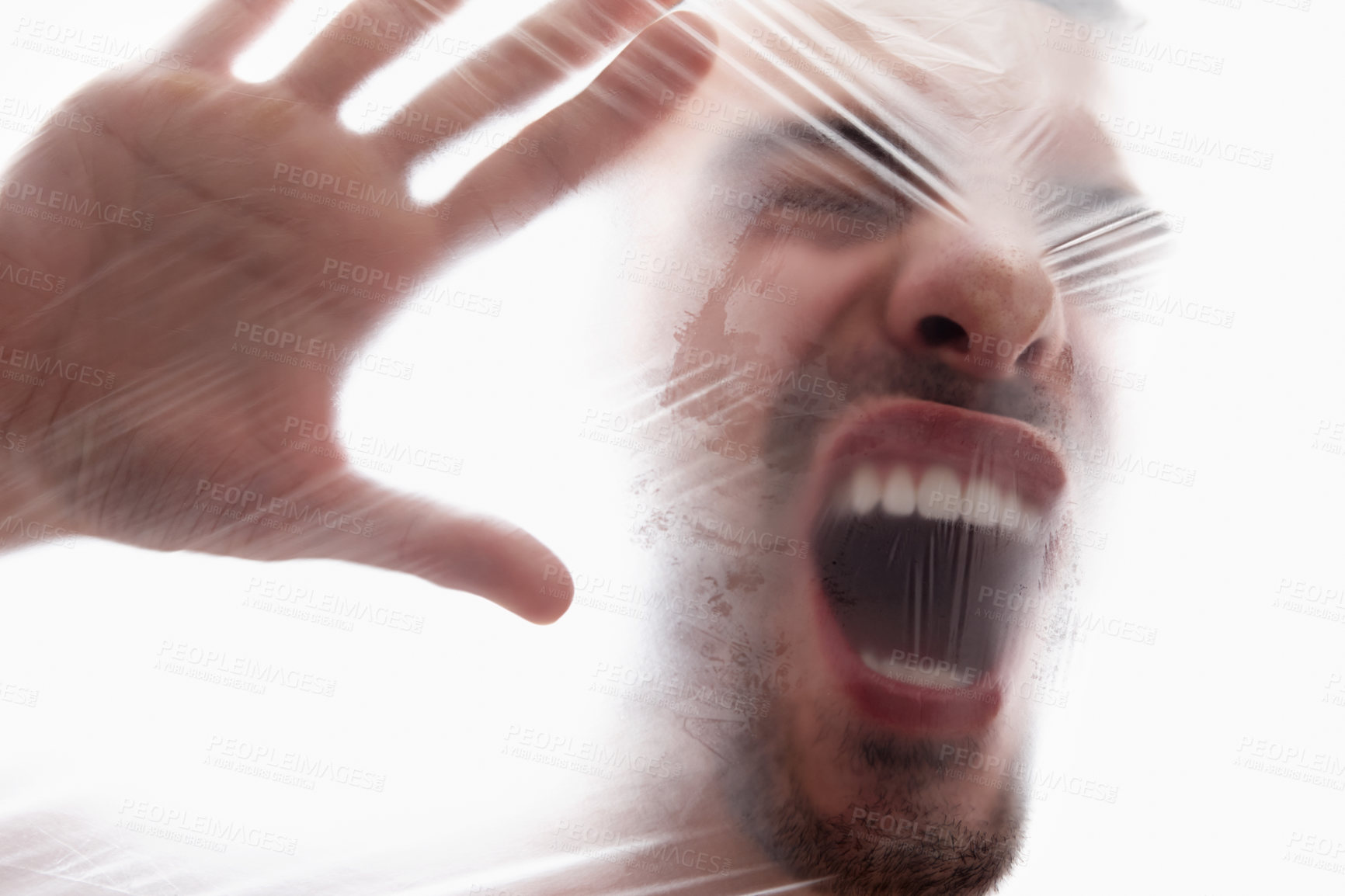 Buy stock photo Man, plastic and bag with choking, anxiety and struggle for breath in white background. Male person, expression and suffocating in crisis for wellness, help and gasping in mental health or awareness