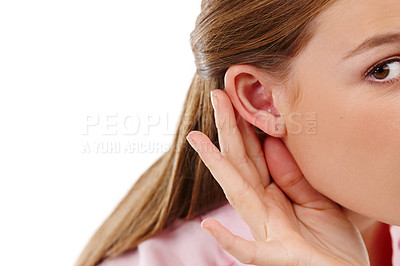 Buy stock photo Woman, ear and listening to news, gossip and gesture as spy to hear serious whispers in secret. Curious, female person and palm trying to concentrate on interesting rumour or information in studio