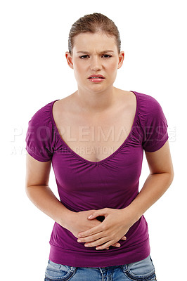 Buy stock photo Portrait, woman and stomach ache in studio with pain, health issue and infection. Sick, abdomen and isolated female person by white background for medical problem with ibs cramps, gastro and nausea