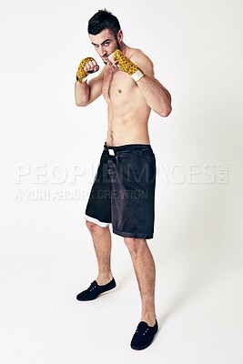 Buy stock photo Martial arts, training and man ready for competition fight, challenge or skill development with white background. Sports, athlete and serious male person for exercise, workout or performance