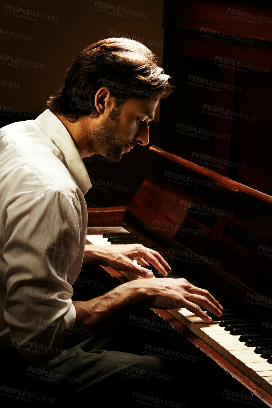 Buy stock photo Profile, musician and man with piano, artist and music with sound, audio and creative with performance. Person, player and entertainment with jazz, performer and listening with celebration or hearing