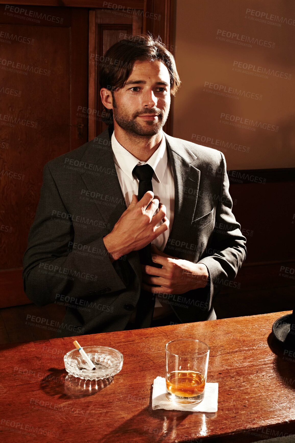 Buy stock photo Portrait, thinking and fashion with man, whiskey and stylish with outfit, entrepreneur and confidence. Person, guy or gentleman with ashtray, cigarette or alcohol with employee, suit or fancy clothes