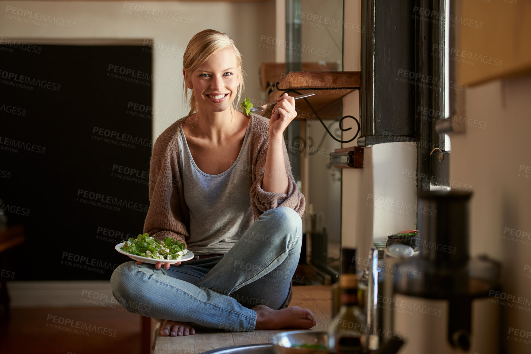 Buy stock photo Woman, kitchen and salad with wellness, portrait and home for nutrition, vegetables and diet. Designer, house and lunch for health, smile and relaxation and break for wellbeing, rest and happiness