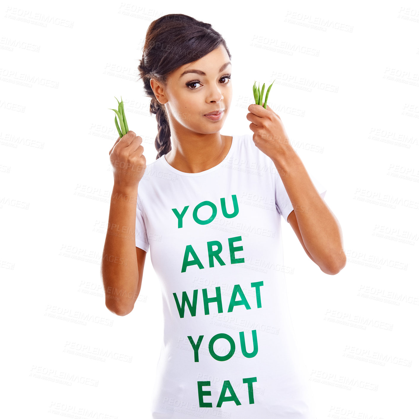 Buy stock photo African woman, backdrop and portrait for health or fashion with statement, tshirt with announcement for vegan. Female model, clothes and white background for consumer awareness, vegetables for diet