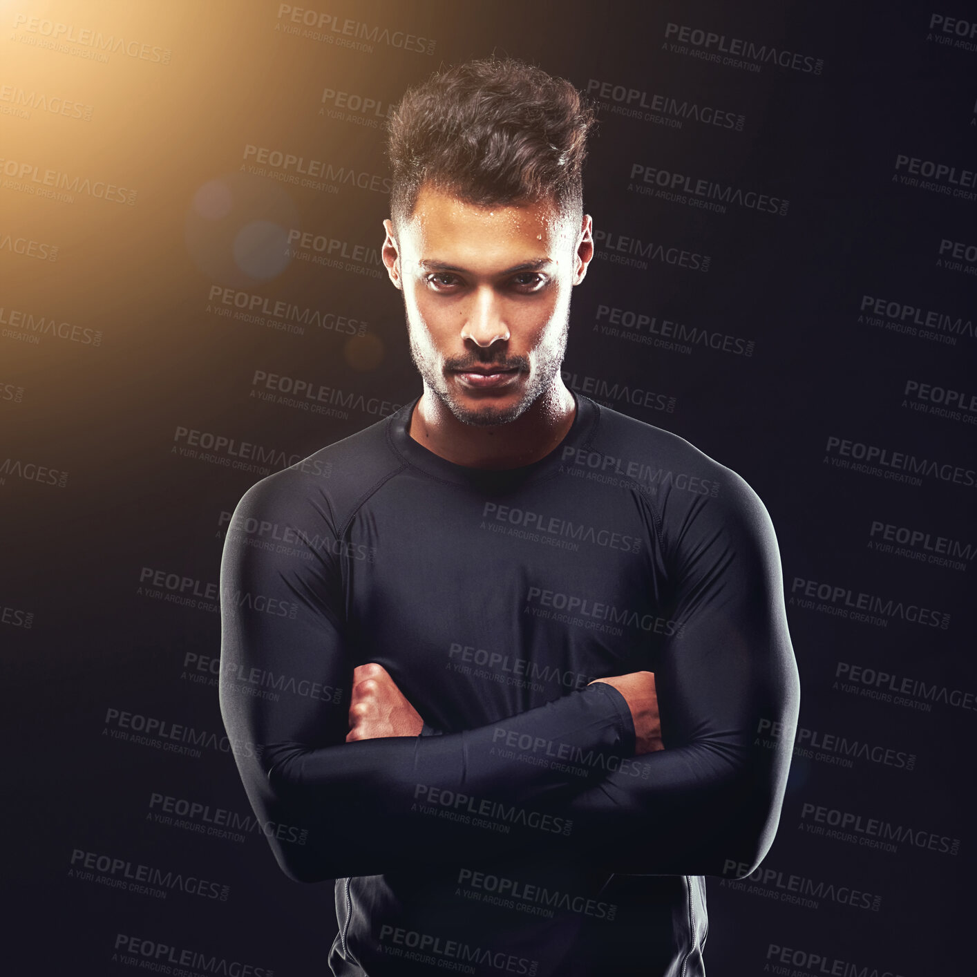 Buy stock photo Fitness, portrait and man in studio with confidence, serious and workout for health, wellness and power. Arms crossed, pride and strong athlete on black background for exercise, results and care