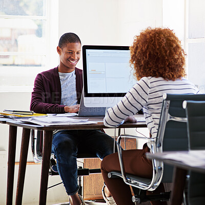 Buy stock photo Business, black man and woman in office, typing and focus for new project, review and advertising agency. Creative, male employee and female consultant with computer, report or search online for info