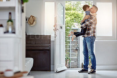 Buy stock photo Happy family, love and father hug son, happy and excited to return home, hello and bond. Happy family, greeting and child embrace parent at front door, coming home and content, happiness and playful