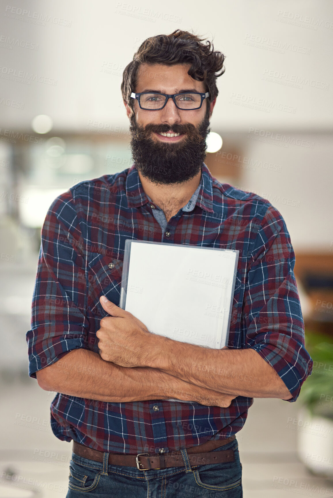 Buy stock photo Office, smile and portrait of businessman with folder for project management, job and pride. Professional, male person and employee with documents for planning, evaluation and career in Texas