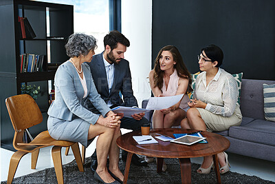 Buy stock photo Business people, meeting and discussion with documents for team project, brainstorming or planning at office. Group of employees talking in lounge suite with paperwork, report or review at workplace