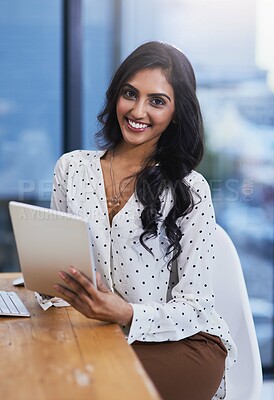 Buy stock photo Indian woman, portrait and tablet in workplace for e commerce, email and networking for company. Web designer, technology and happiness in creative office for digital, marketing and communication.