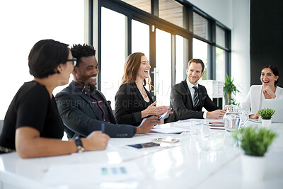 Buy stock photo Meeting, laughing and business people in conference room with ideas, proposal and corporate planning. Boardroom, men and women together in conversation for review, report or b2b workshop at office