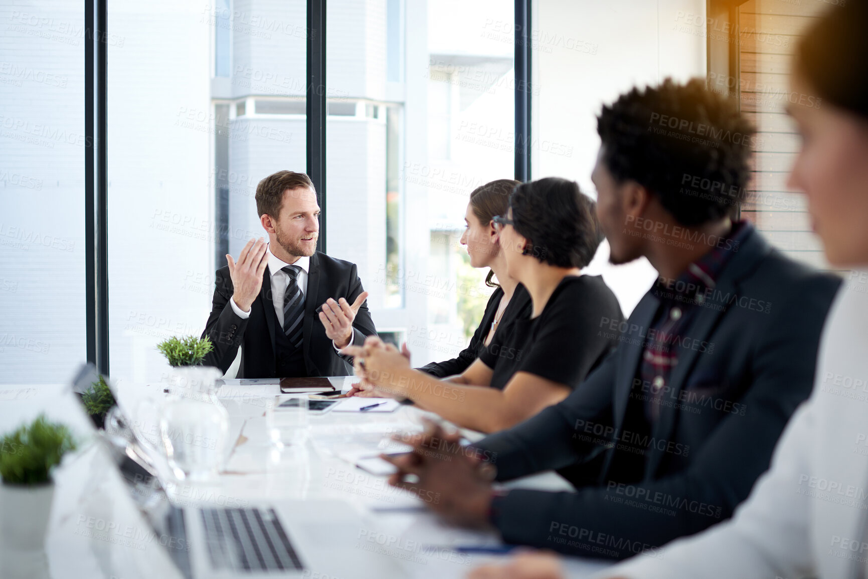 Buy stock photo Meeting, leadership and business people in conference room with ideas, proposal and corporate planning. Boardroom, men and women in conversation for review, report or b2b workshop at startup office