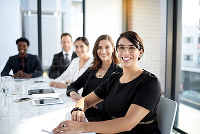 Buy stock photo Meeting, portrait and happy business people in conference room with confidence, pride and teamwork. Boardroom, men and women at table for planning, strategy or b2b workshop at startup office together