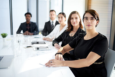 Buy stock photo Meeting, portrait and professional business people in conference room with confidence, trust and corporate pride. Boardroom, men and women at table together for team at b2b workshop at startup office