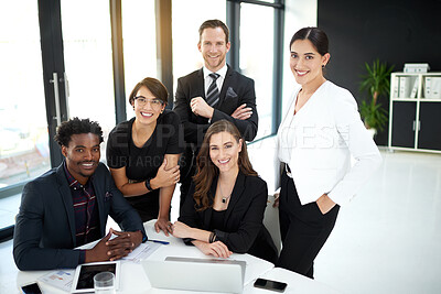 Buy stock photo Collaboration, portrait and business people in office with laptop for discussion, planning and brainstorming ideas. Team, creative and employees with computer for connection, tech or startup project