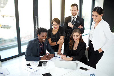 Buy stock photo Success, teamwork and business people in office with laptop for discussion, planning and brainstorming ideas. Team, creative and employees with computer for connection, tech or startup project