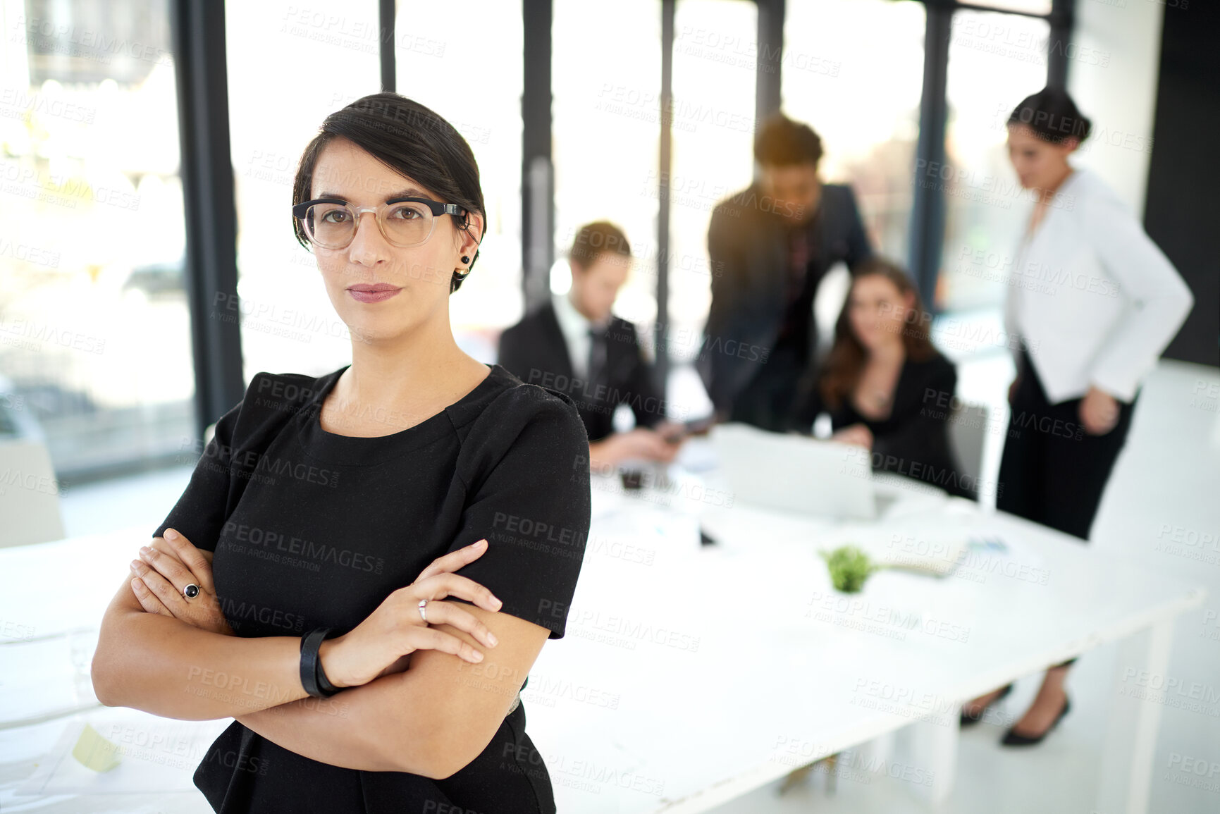 Buy stock photo Professional, portrait of woman in meeting with confidence for leader or manager and team in office. Pride, person and businesswoman with business people, collaboration and work on startup project