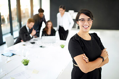 Buy stock photo Corporate, portrait of businesswoman in office with pride for leader or manager and team in meeting. Confident, smile and woman with business people, collaboration and work on startup project