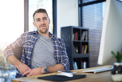 Buy stock photo Relax, computer and portrait of creative businessman in office with opportunity, confidence and tech startup. Web design, pride and happy face of online developer with professional career at agency