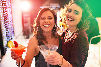 Buy stock photo Portrait, cocktail or women laugh with club toast pov for hotel, fun or night, party or celebration. Happy, face or friends with fruit mojito cheers for luxury, birthday and restaurant disco or event