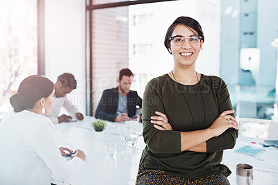 Buy stock photo Professional, portrait and happy woman at desk for leadership, motivation and startup company. Team, planning and management in workplace for career, staff and business female with glasses in office.
