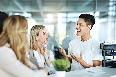 Buy stock photo Happy and smiling design team talking while having a casual chat in a modern office. Diverse group of designers discussing an idea, planning a creative strategy for innovation at the workplace