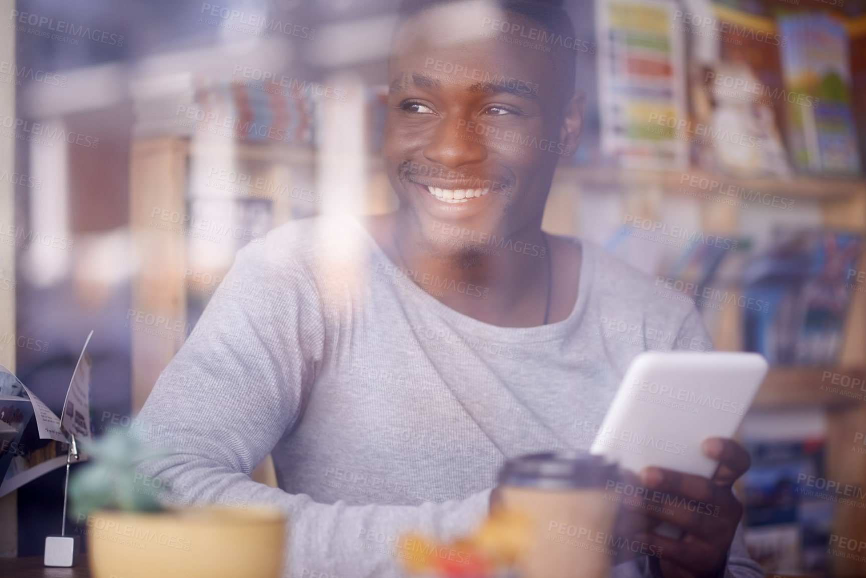 Buy stock photo Library, student and black man with smile, tablet and digital for research, studying and web for project. Connection, university and guy in shop for books, internet and knowledge to learn in Atlanta