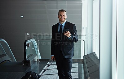 Buy stock photo Travel, airport or happy business man with phone, luggage or suitcase on social media or waiting. Booking, airplane or corporate worker texting on mobile app on international flight transportation