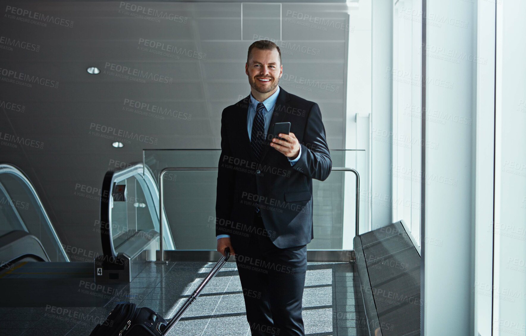 Buy stock photo Travel, airport or happy business man with phone, luggage or suitcase on social media or waiting. Booking, airplane or corporate worker texting on mobile app on international flight transportation