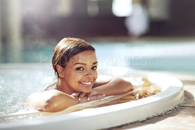 Buy stock photo Portrait, woman and happy to relax in pool on holiday, break and luxury or mindfulness. Female person, jacuzzi and smile or satisfied on vacation, trip and travel at hotel or resort for swimming