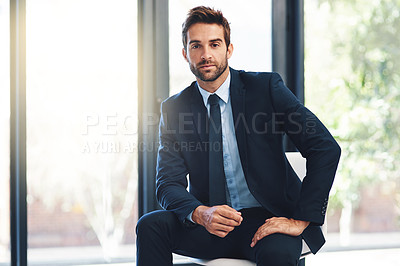 Buy stock photo Flare, portrait and window with business man in office for career opportunity or start of new job. Company, glass and suit with confident young employee in corporate workplace for professional style