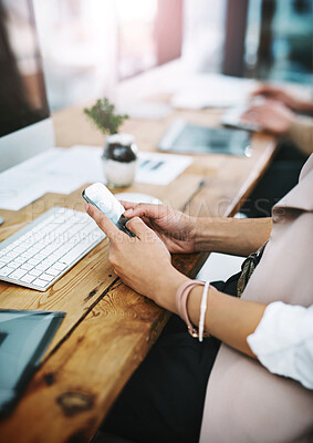 Buy stock photo Business woman, hands and browsing with phone at office for communication or email in social media agency. Closeup of female person, employee or agent on mobile smartphone for news at workplace