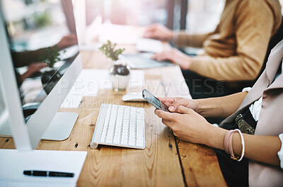 Buy stock photo Business woman, hands and typing with phone at office for communication, email or social media agency. Closeup of female person, employee or agent browsing on mobile smartphone for news at workplace