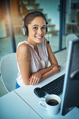 Buy stock photo Happy woman, call center and portrait smile on computer in customer service, support or telemarketing at office. Friendly female person, consultant or agent smiling for online advice or communication
