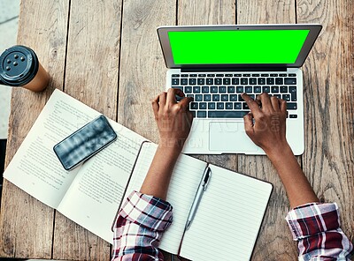 Buy stock photo Woman, hands and laptop of student on green screen mockup above for studying, education or research at cafe. Top view of female person hand on computer display for university project at coffee shop