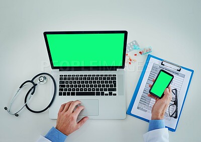 Buy stock photo Phone, green screen and doctor hands with documents, healthcare service and planning research on laptop above. Space, telehealth and pills of medical person typing on mobile app mock up and computer