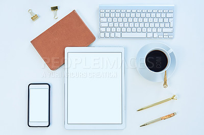 Buy stock photo Tablet, phone and mockup screen above for social media, tech and business for content creation work. Desk, creative space and workspace with startup technology and coffee in a seo optimization office