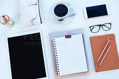 Buy stock photo Tablet, smartphone and notebook or above, student workspace and mockup for online elearning station. Blog, pen and technology aesthetic for social media, website and internet display with coffee