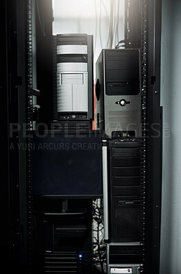 Buy stock photo Cropped shot of industrial computers in the server room of a data center