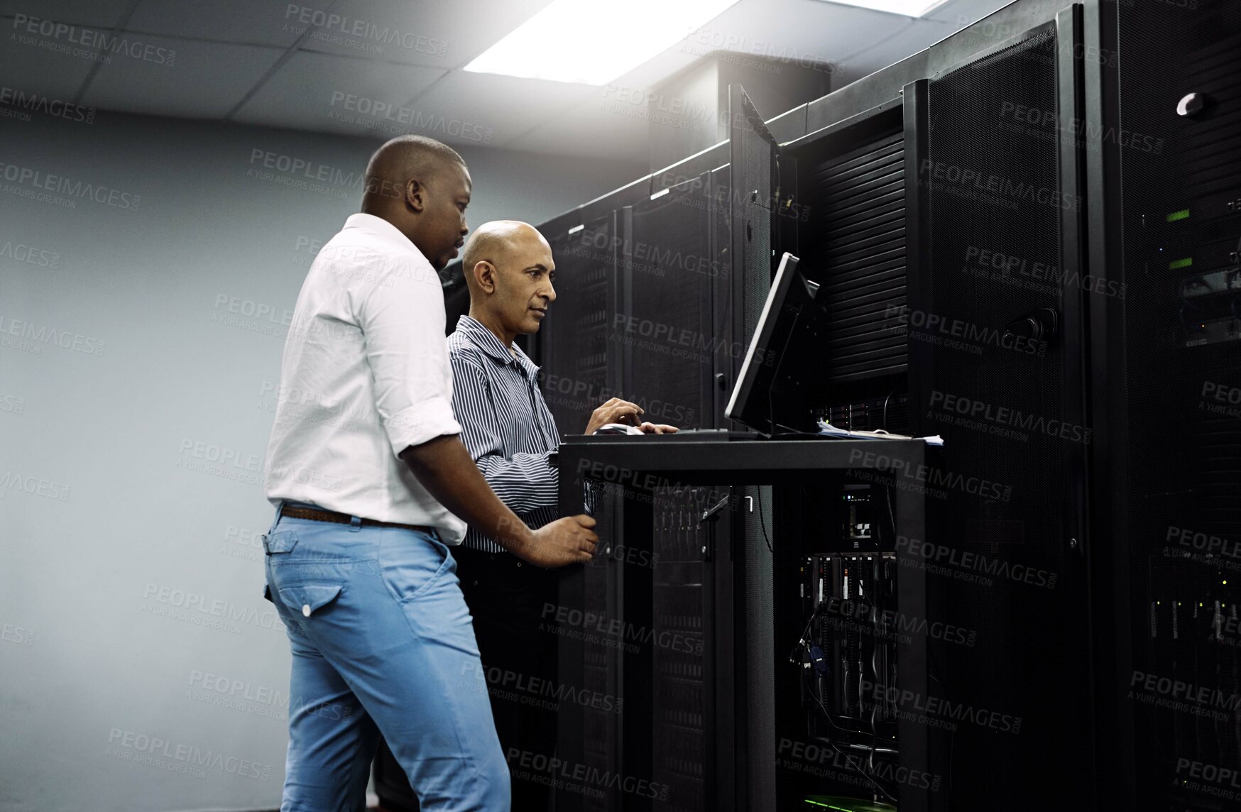 Buy stock photo Server room, people or technician coding on computer together for a cybersecurity glitch with teamwork. IT support code, collaboration or engineers fixing laptop network for information technology 