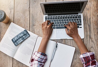 Buy stock photo Woman, hands and laptop of student on mockup above for studying, education or research at cafe. Top view of female person hand working on computer for college or university project at coffee shop